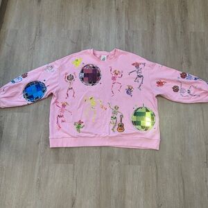 Queen of Sparkles pink sweatshirt sequin skeleton with disco balls size L